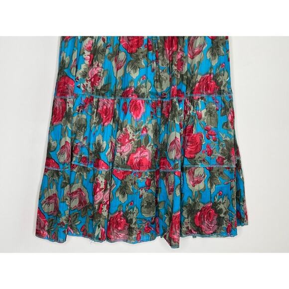 Solitaire Floral Pull On High Waisted Tiered Midi A-Line Skit Blue/Red Women's S - Picture 3 of 8